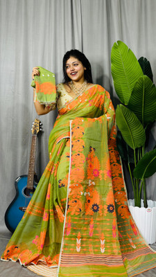 Pasum's Self Design, Hand Painted Jamdani Cotton Silk, Pure Cotton Saree(Orange, Green)