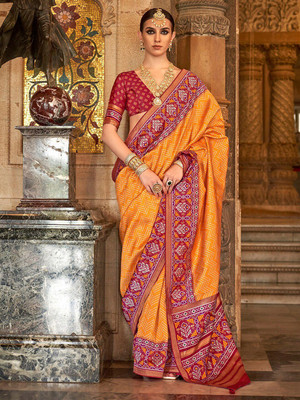ANOUK Woven Ikkat Silk Blend Saree(Mustard)
