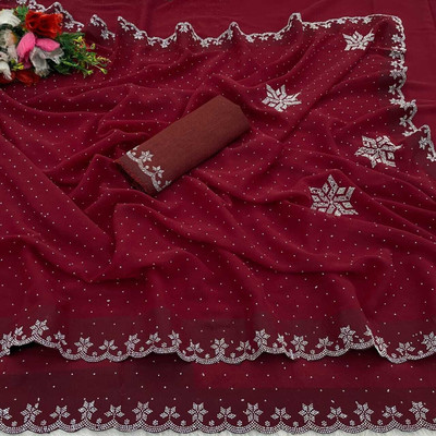VEERAIVA Embellished Bollywood Chiffon Saree(Maroon)
