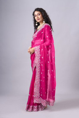 AVM SILK MILLS Solid/Plain Bollywood Net Saree(Pink)