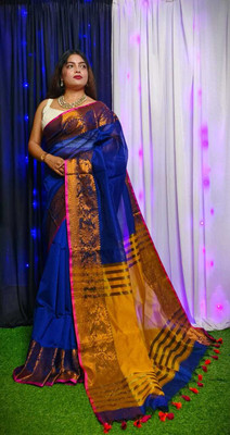 ridhi creation Self Design Handloom Cotton Silk Saree(Blue)