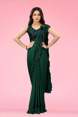 aaru creation Solid/Plain Bollywood Lycra Blend Saree(Green)