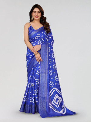 Moda Rapido Printed Bandhani Cotton Blend Saree(Blue)