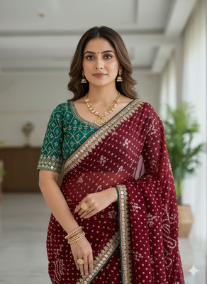 THEFASHIONLOOK Printed Bandhani Georgette Saree(Maroon)
