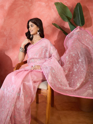 Sangria Embroidered Kalamkari Net Saree(Pink)
