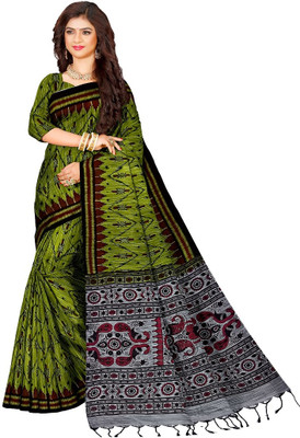 trogon Printed Sambalpuri Cotton Blend Saree(Dark Green)
