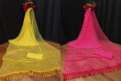 Pragyatradersss Self Design Bollywood Net Saree(Pack of 2, Yellow, Pink)