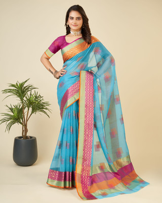 Yogik Creation Floral Print Banarasi Cotton Blend Saree(Blue)