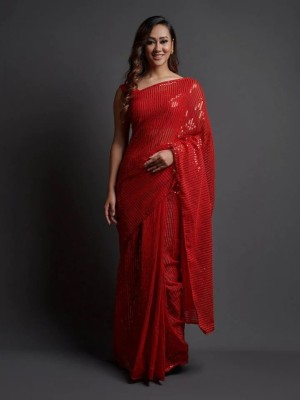 FAMOUS ZONE Embellished Bollywood Georgette Saree(Red)