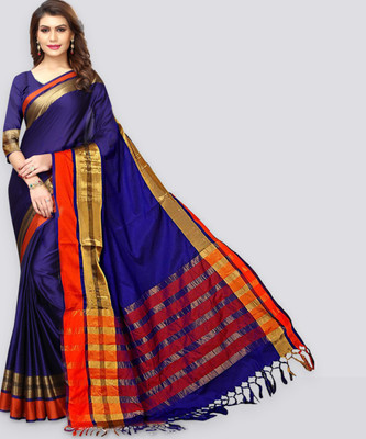 VJ FASHION Solid/Plain Bollywood Cotton Blend Saree(Blue)
