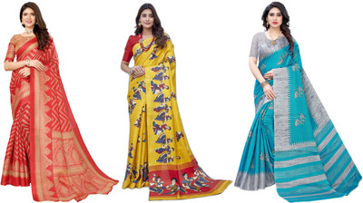 Nirvaan Printed, Woven Kanjivaram Art Silk Saree(Pack of 3, Red, Yellow, Grey, Blue)