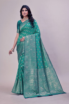 womney Woven, Self Design Banarasi Jacquard Saree(Light Green)