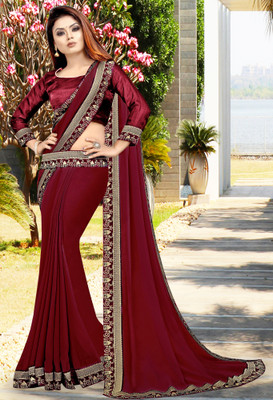 Offirra International Temple Border Banarasi Lycra Blend, Chiffon Saree(Pack of 2, Maroon)