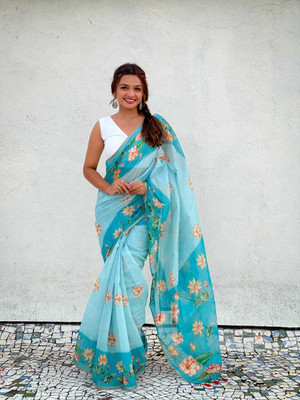 Anjaneya Sarees Printed Bollywood Linen Saree(Blue)