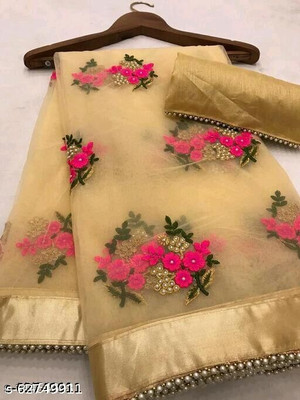 TANVI DESIGNER Embroidered Bollywood Net Saree(Beige)