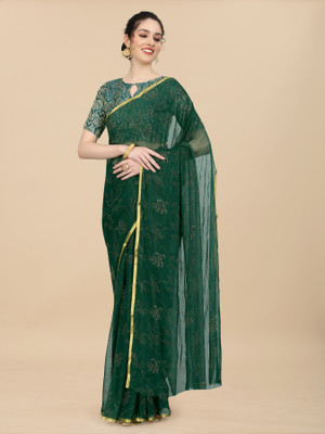 RHEY Printed Bollywood Chiffon Saree(Dark Green)