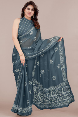 MIRCHI FASHION Printed, Blocked Printed Hand Batik Chiffon, Georgette Saree(Grey)