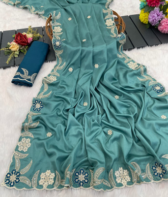 Zari and Ziba Embroidered Bollywood Chiffon Saree(Blue)