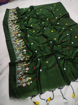 Trishul Floral Print Handloom Khadi Saree(Dark Green)
