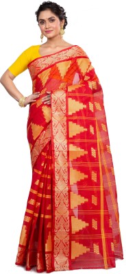 DipDiya Temple Border, Woven, Embellished Tant Pure Cotton Saree(Red)