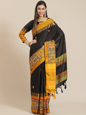 Divastri Self Design, Printed, Embroidered, Embellished, Woven Banarasi Jacquard, Cotton Silk Saree(Black, Yellow)