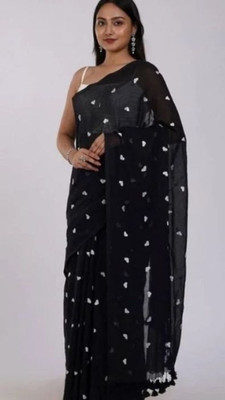 Shubharam Floral Print, Printed Bollywood Linen, Cotton Blend Saree(Black)