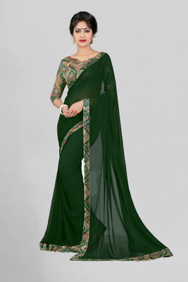 Kasturi Fashion Printed, Checkered Bollywood Silk Blend Saree(Dark Green)
