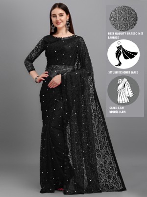 VANRAJ CREATION Self Design Bollywood Net, Brasso Saree(Black)