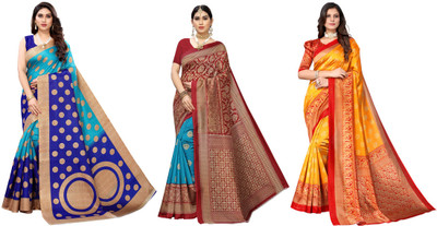 Nirvaan Printed Kanjivaram Art Silk Saree(Pack of 3, Blue, Red, Yellow)