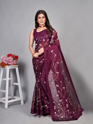 Barkiya Creation Embroidered Bollywood Supernet Saree(Purple)