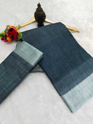 HouseOfCommon Woven Kanjivaram Pure Cotton, Cotton Linen Saree(Grey, Blue)