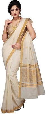DWITI Solid/Plain Chettinadu Cotton Blend Saree(White, Gold)