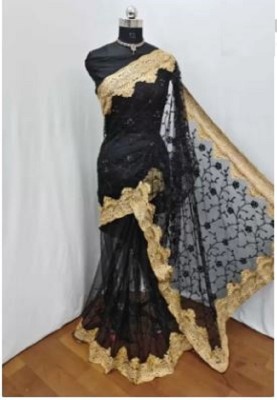 ZIVANTIX Embroidered Bollywood Net Saree(Black)