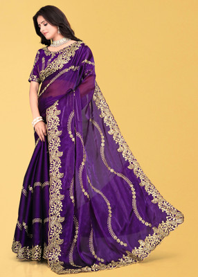 Mortile Designer Studio Embroidered Banarasi Lycra Blend Saree(Purple)