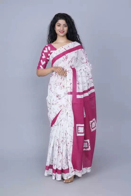 Tropwear Printed Ikkat Pure Cotton Saree(White)
