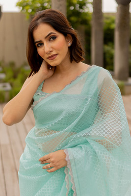 SUBHAM Woven, Checkered Bollywood Net Saree(Light Blue)