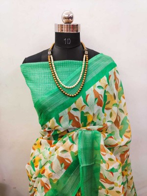 Saaransh Woven, Graphic Print, Digital Print Kanjivaram Linen, Cotton Silk Saree(Light Green)