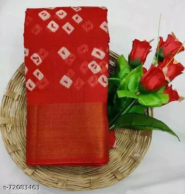 Grubstaker Printed Bandhani Cotton Linen Saree(Multicolor)