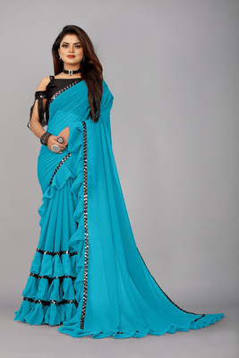 LIMTD Self Design Bollywood Georgette, Chiffon Saree(Blue)