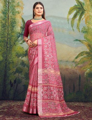 HouseOfCommon Printed Kanjivaram Pure Cotton, Cotton Linen Saree(Maroon)
