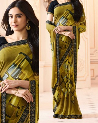 DIKONA DESIGNER Printed, Self Design, Digital Print, Embroidered, Floral Print, Solid/Plain Bollywood Georgette, Chiffon Saree(Mustard)