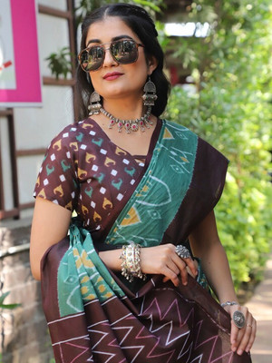 baratheon Printed Bollywood Cotton Blend Saree(Brown)