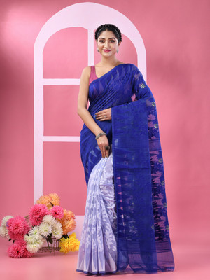 TANTLOOM Woven Jamdani Pure Cotton Saree(Blue)