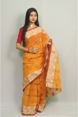 NILIMA HANDICRAFTS Printed Handloom Cotton Blend Saree(Yellow)