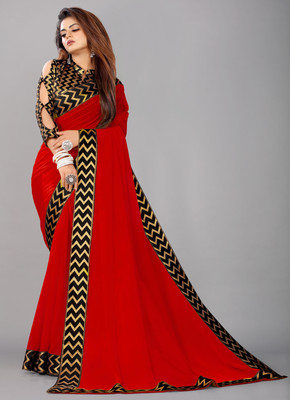 FIERTE Solid/Plain Bollywood Georgette, Chiffon Saree(Red)