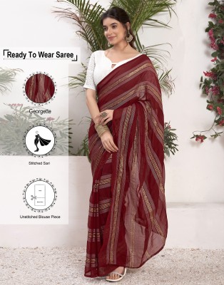 Samah Embellished, Striped Bollywood Chiffon, Georgette Saree(Maroon, Gold, White)