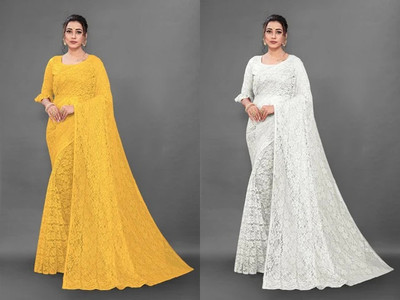 Paanthcreation Self Design Bollywood Net Saree(Pack of 2, White, Yellow)