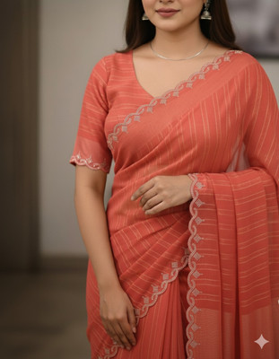 TRENDY CULTURE ENTERPRISES Striped, Embellished Bollywood Cotton Blend Saree(Red)