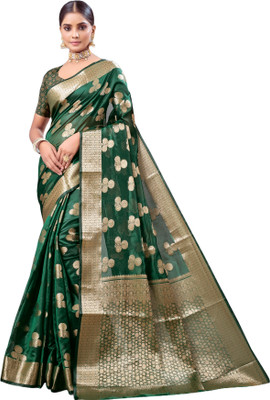 HouseOfCommon Woven Bollywood Organza, Net Saree(Dark Green)