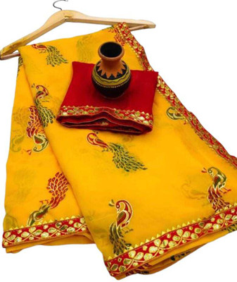 EVERYDAY CREATION Digital Print Bollywood Georgette Saree(Red, Yellow)